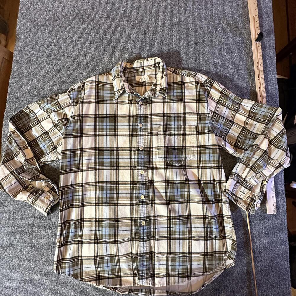 J.Crew Mens Large Plaid Button Up Shirt Beige Brown Blue Cotton Long Sleeve